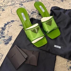 Prada Green PVC Patent Leather Backless Sandal Mule Heel Pump 38